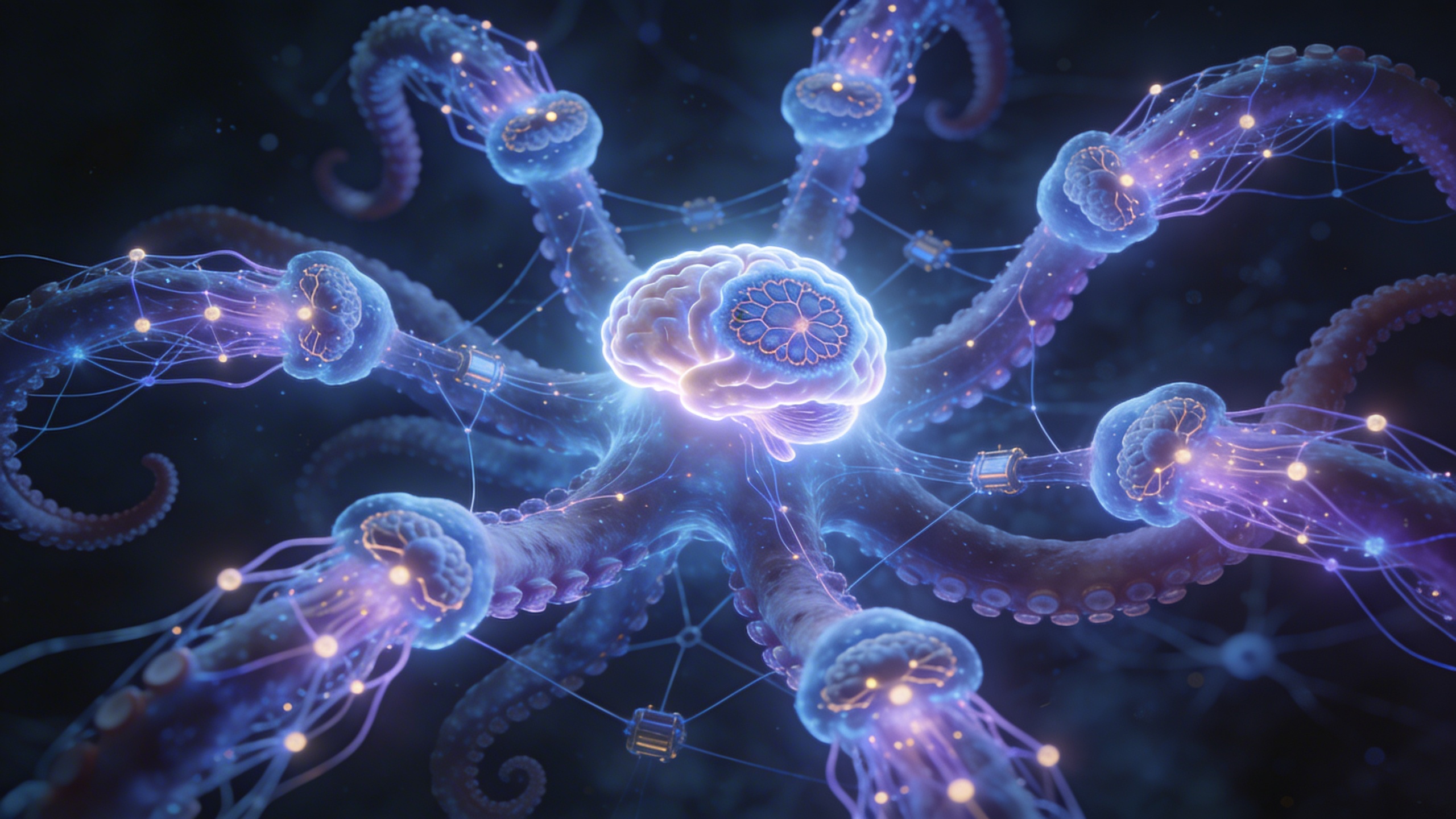octopus neural architecture showing distributed consciousness: eight semi-autonomous mini-brains arranged around a central glowing brain, connected by luminous neural pathways, each arm-brain capable of independent processing yet coordinated through central integration, demonstrating unified yet plural intelligence