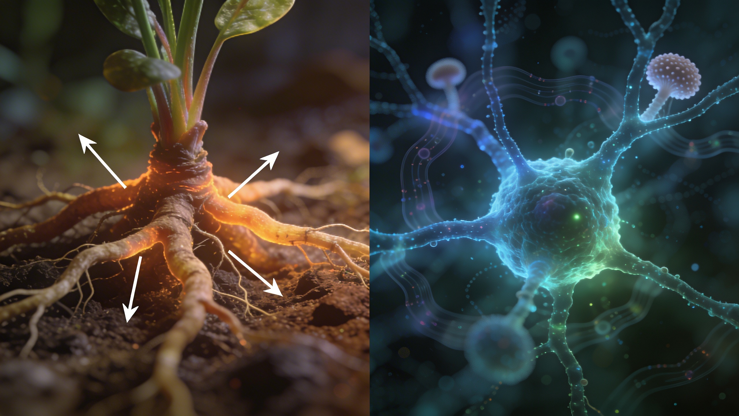 split visualization: left shows plant roots with arrows indicating growth redirection toward moisture through chemical signals; right shows slime mold network with bioluminescent pathways and memory trails from explored areas
