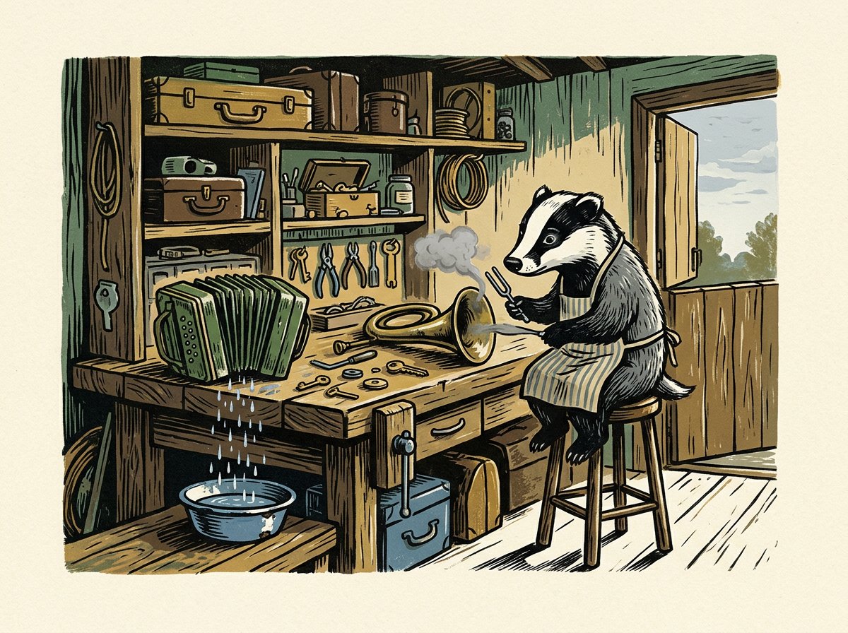 A badger at a wooden workbench tunes a brass horn that releases a little fog. Beside it, a green accordion rains into a basin. Tools and instrument cases fill the shelves.