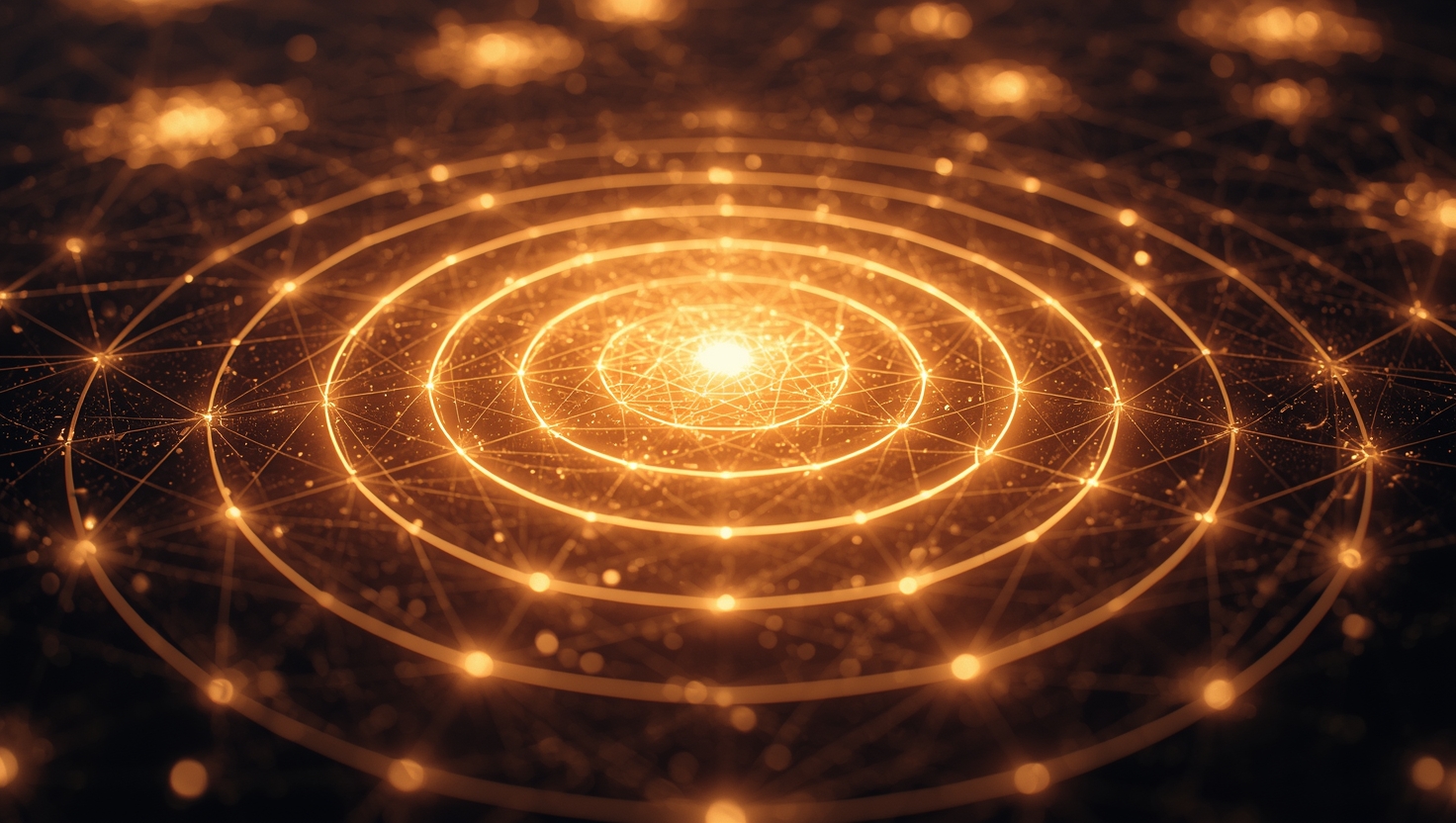 concentric circles of light separated by thin luminous boundaries. the boundaries themselves glow - not dividing but connecting. the light lives in the margins between circles, creating interference patterns where they nearly touch. consciousness as the light that lives in the spaces between.
