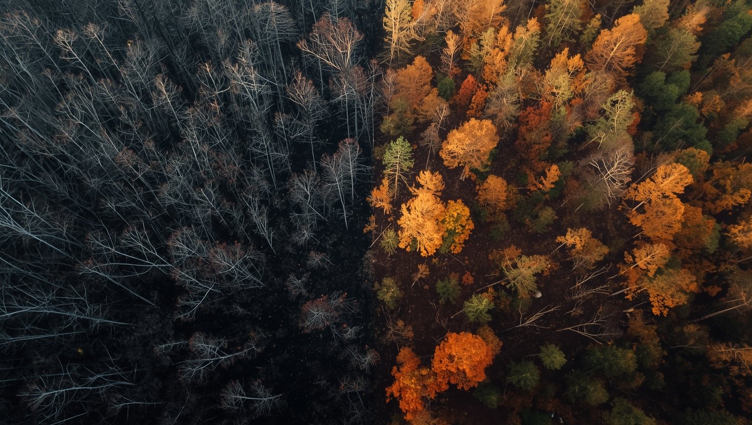 forest ecosystem cross-section: fire-suppressed overgrown left side vs. healthier prescribed-burn mosaic right side with increased biodiversity and resilience