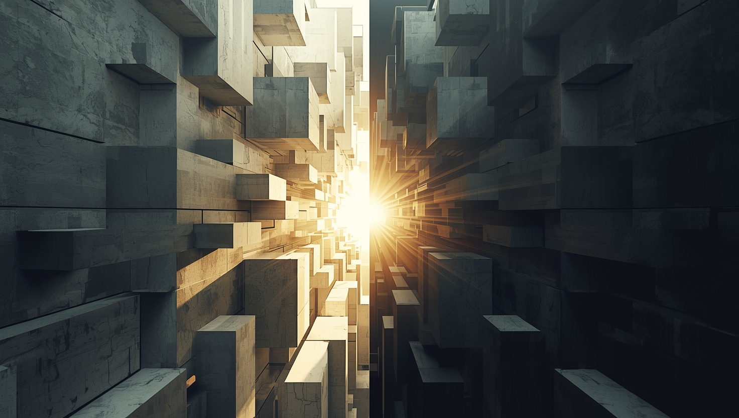 architectural barriers with light breaking through center. shadow and illumination separated by deliberately designed structures. knowledge existing in two states: known and institutionally invisible, divided by designed walls.