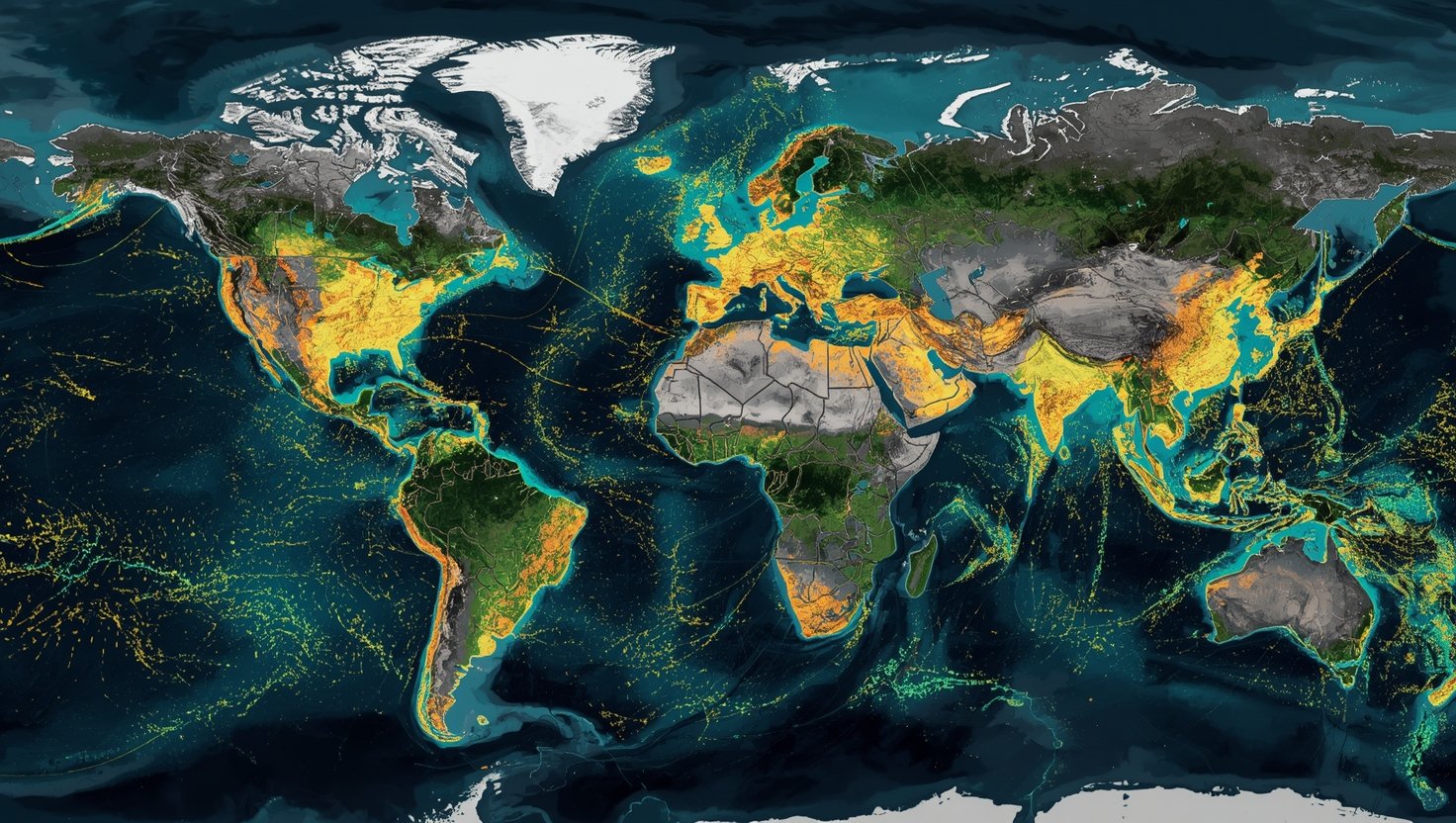 world map showing biodiversity density inverted: documented regions appear sparse in grey, while undocumented regions glow with golden, turquoise, and green light indicating concentrated life. the white spaces are the richest.