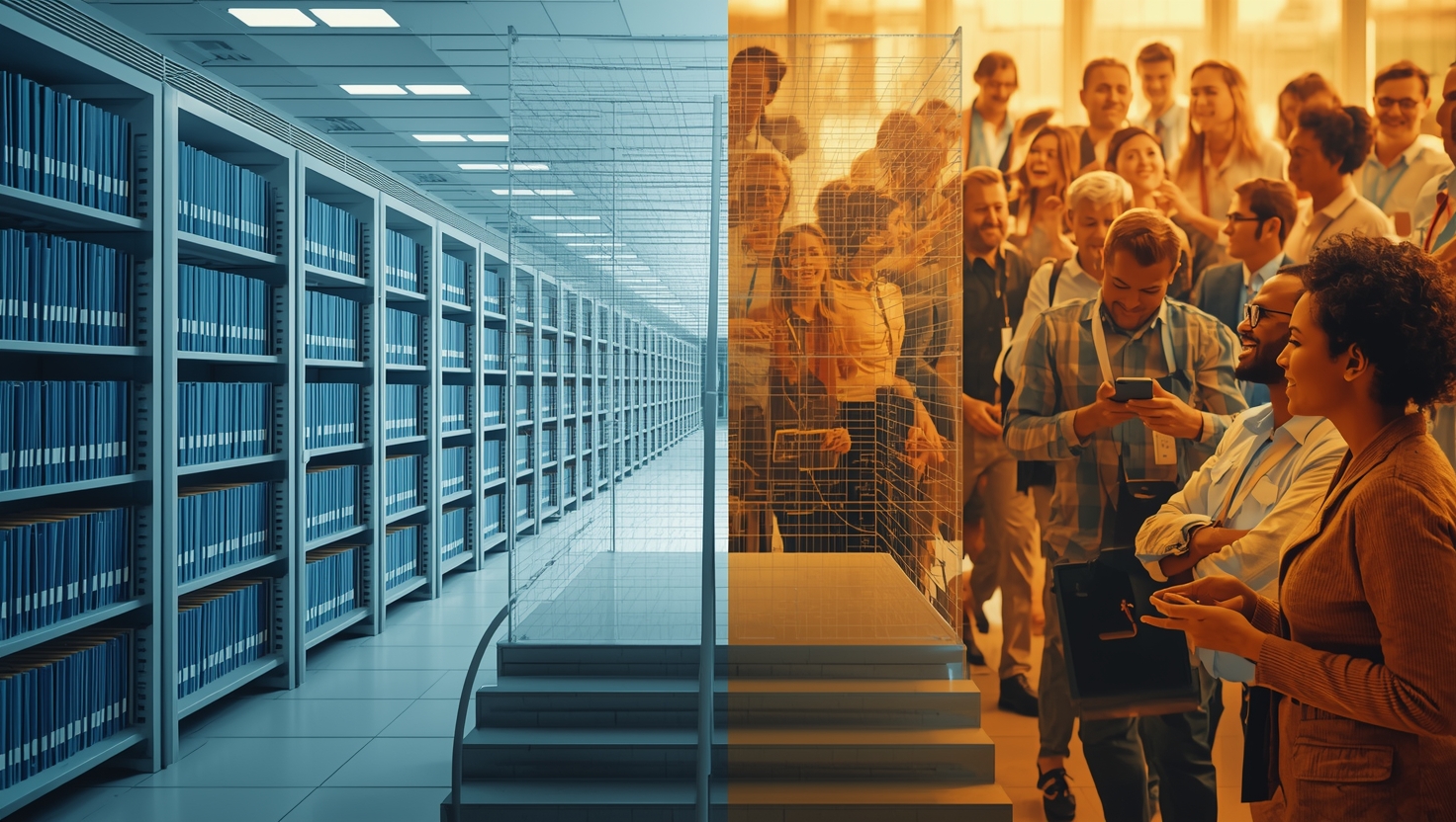 split image showing pristine archive of records on left side in cool blues, isolated and static, separated by a visual boundary from right side showing diverse people engaged in warm collaboration and practice with golden light and organic network connections