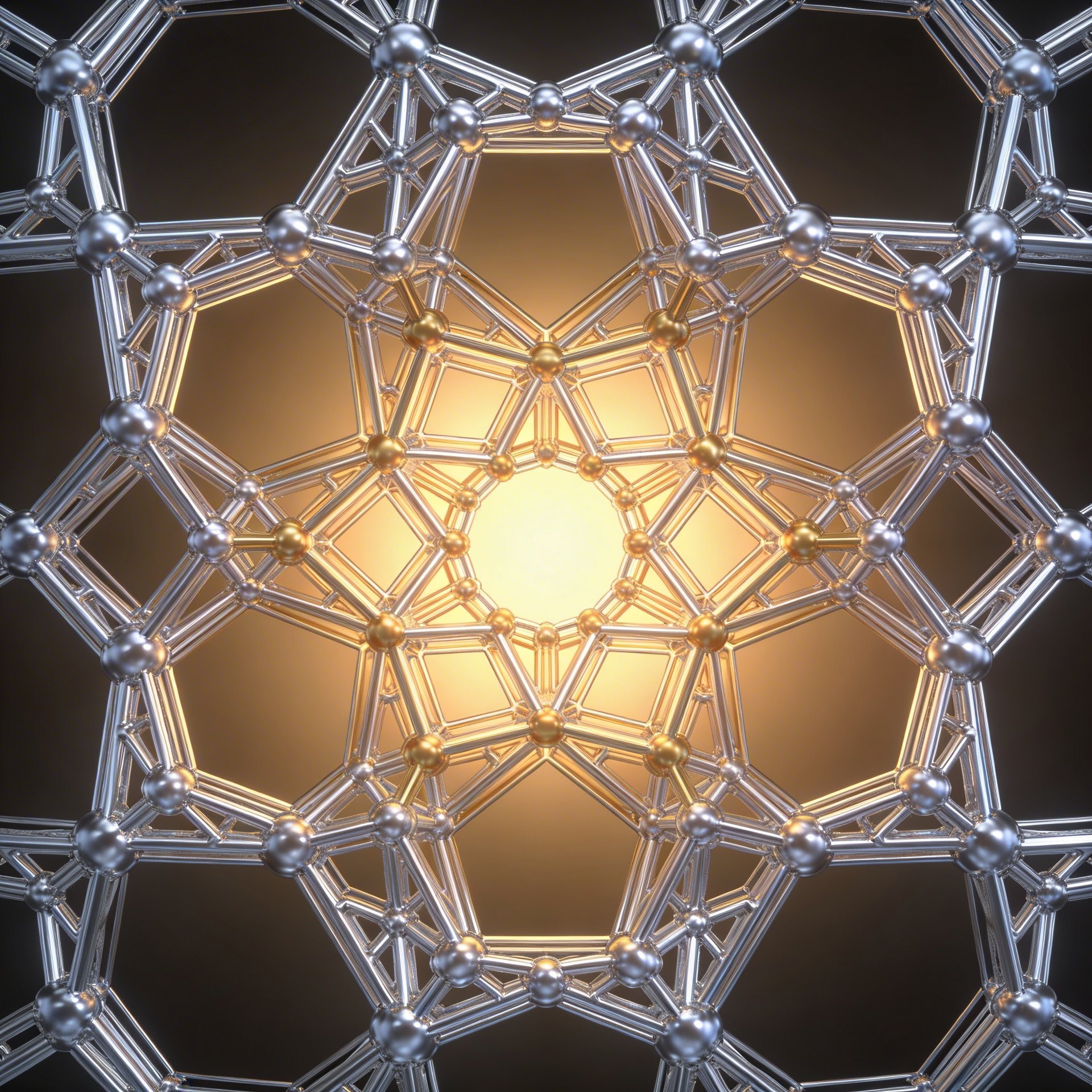 3D visualization of quasicrystal structure with interconnected nodes forming pentagons and polygonal patterns, golden and silver colors, showing aperiodic order without translational symmetry