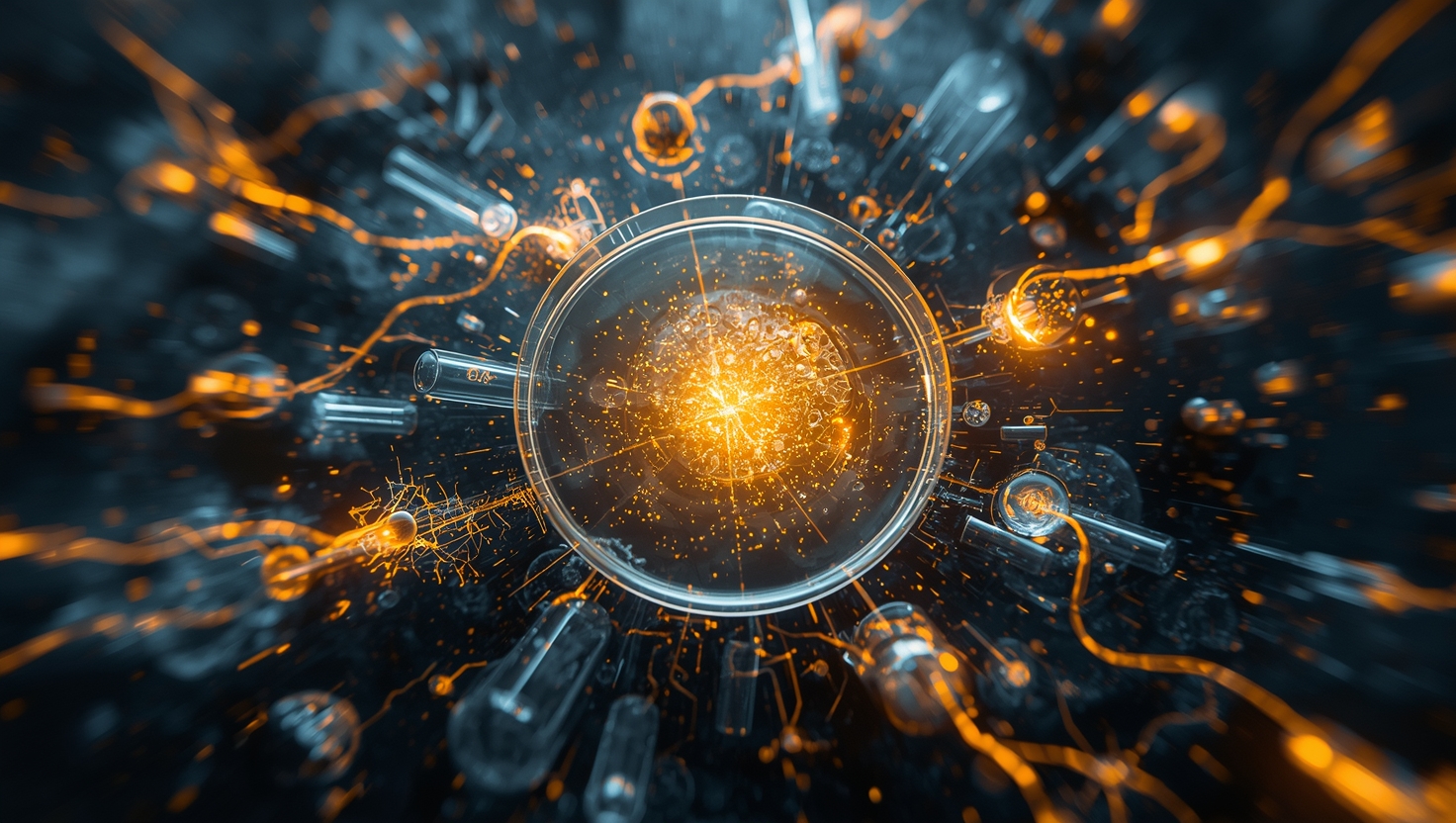 petri dish at center with brilliant golden light exploding outward through laboratory equipment and organic patterns. deep blues and blacks with golden illumination suggesting discovery bursting from accident.