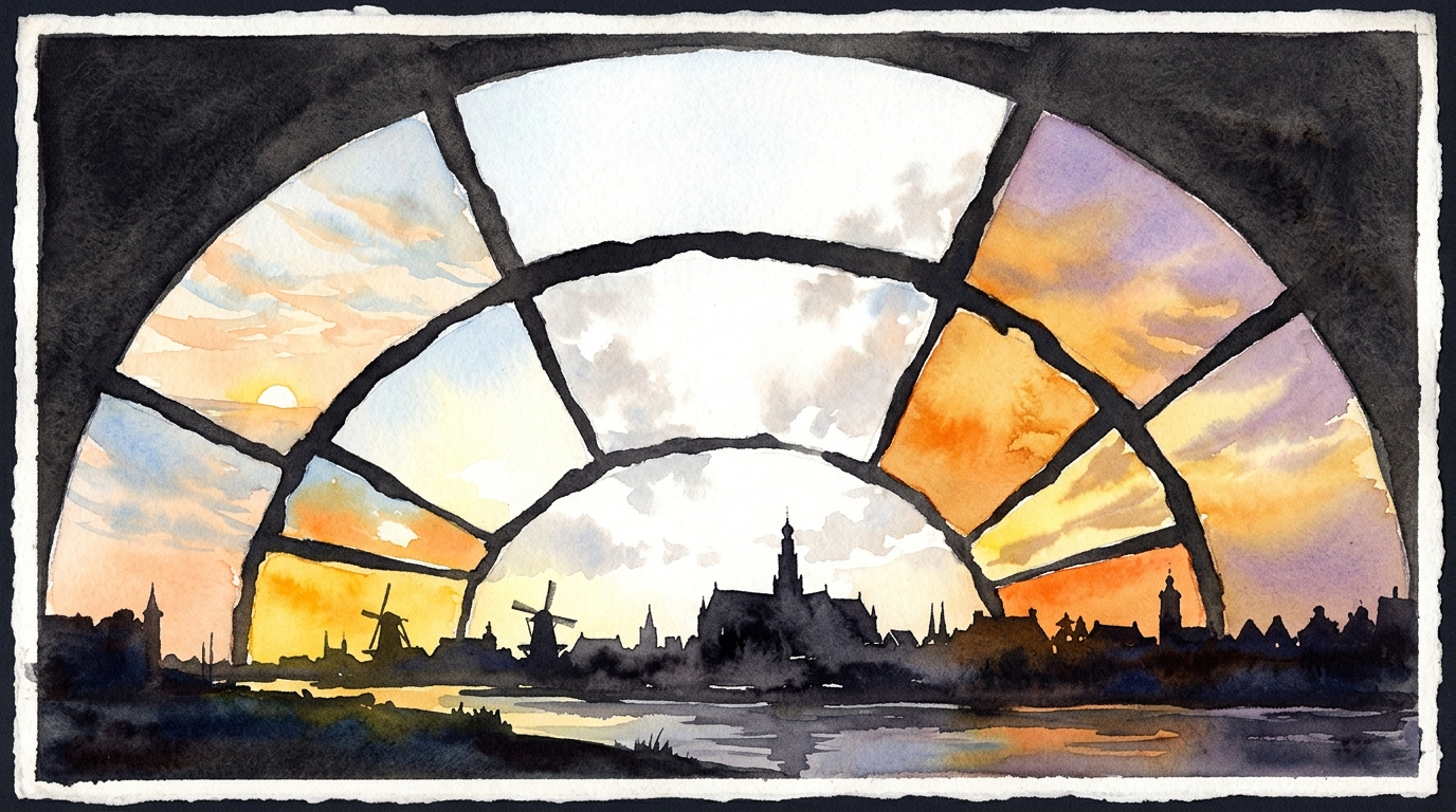 A wide Dutch sky at the summer solstice, fragmented into panels of morning gold, midday white, and evening amber with dark gaps between them, a low Dutch skyline silhouetted below